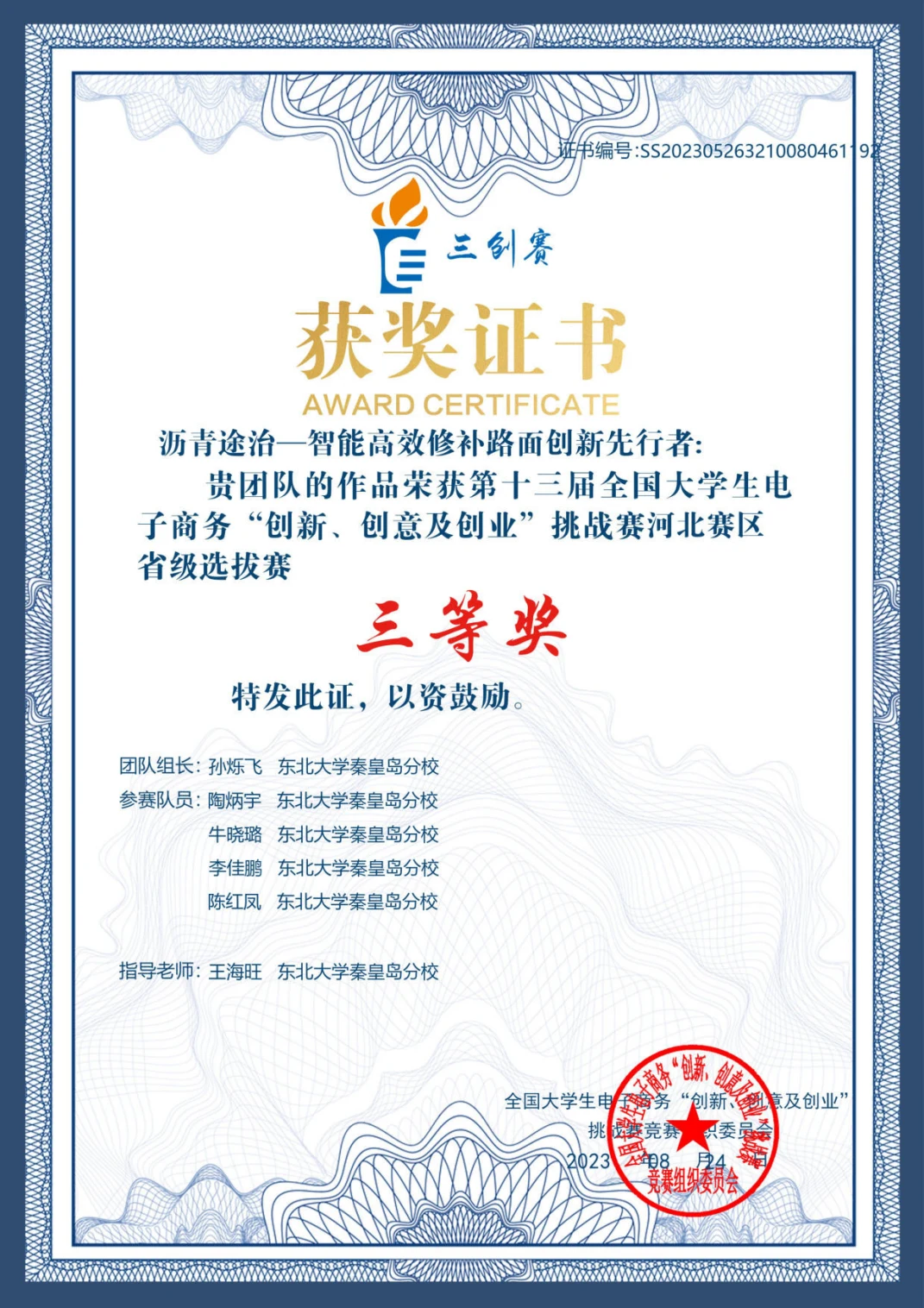 第十三届全国大学生电子商务三创赛 · 荣誉证书