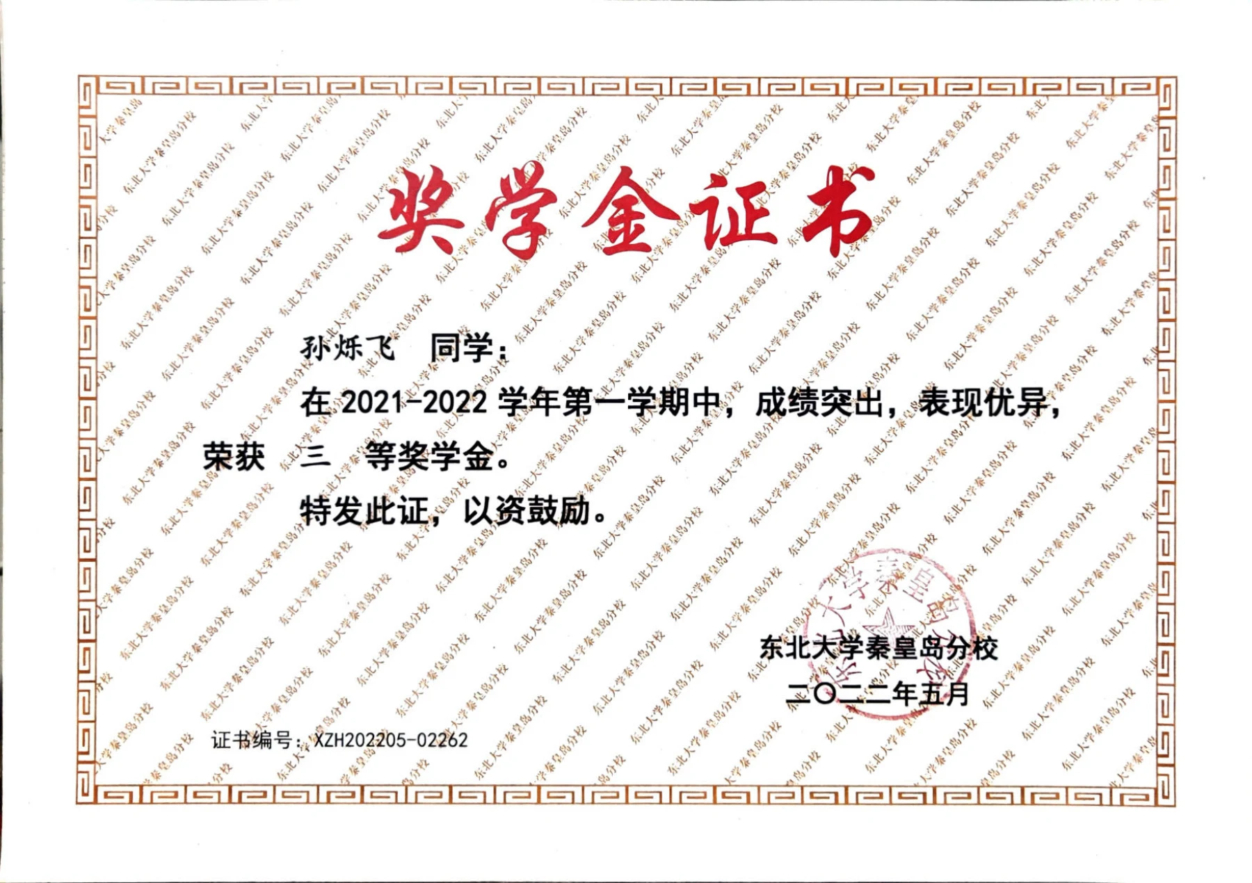 校级综合奖学金 · 荣誉证书