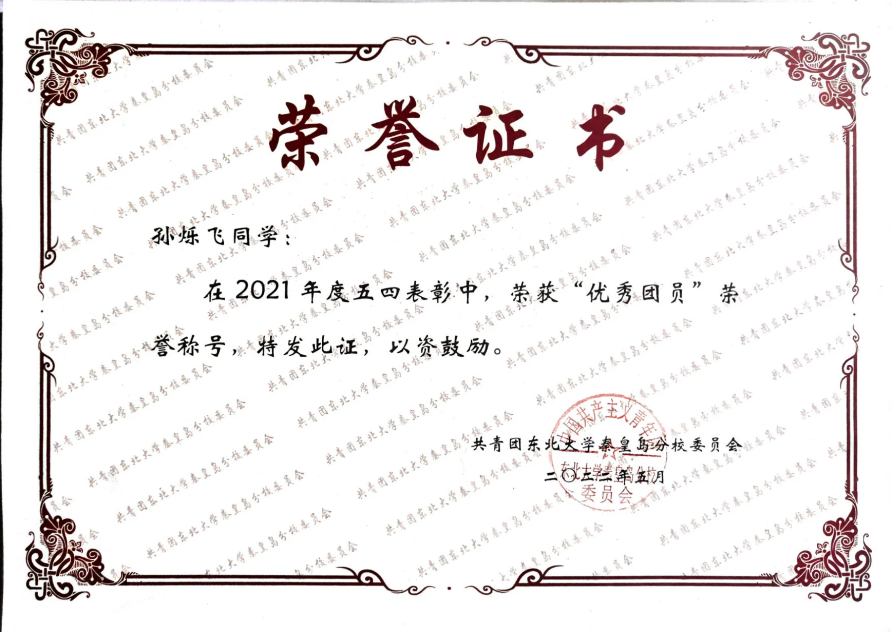 优秀团员 · 荣誉证书